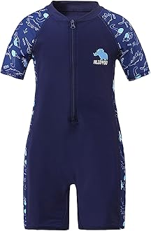 Boys Swimming Costume Kids One Piece Swimsuit Short Sleeve Zipper Beach Swimwear Dinosaur Rash Guard Bathing Suit Dark Blue 3-10 Years