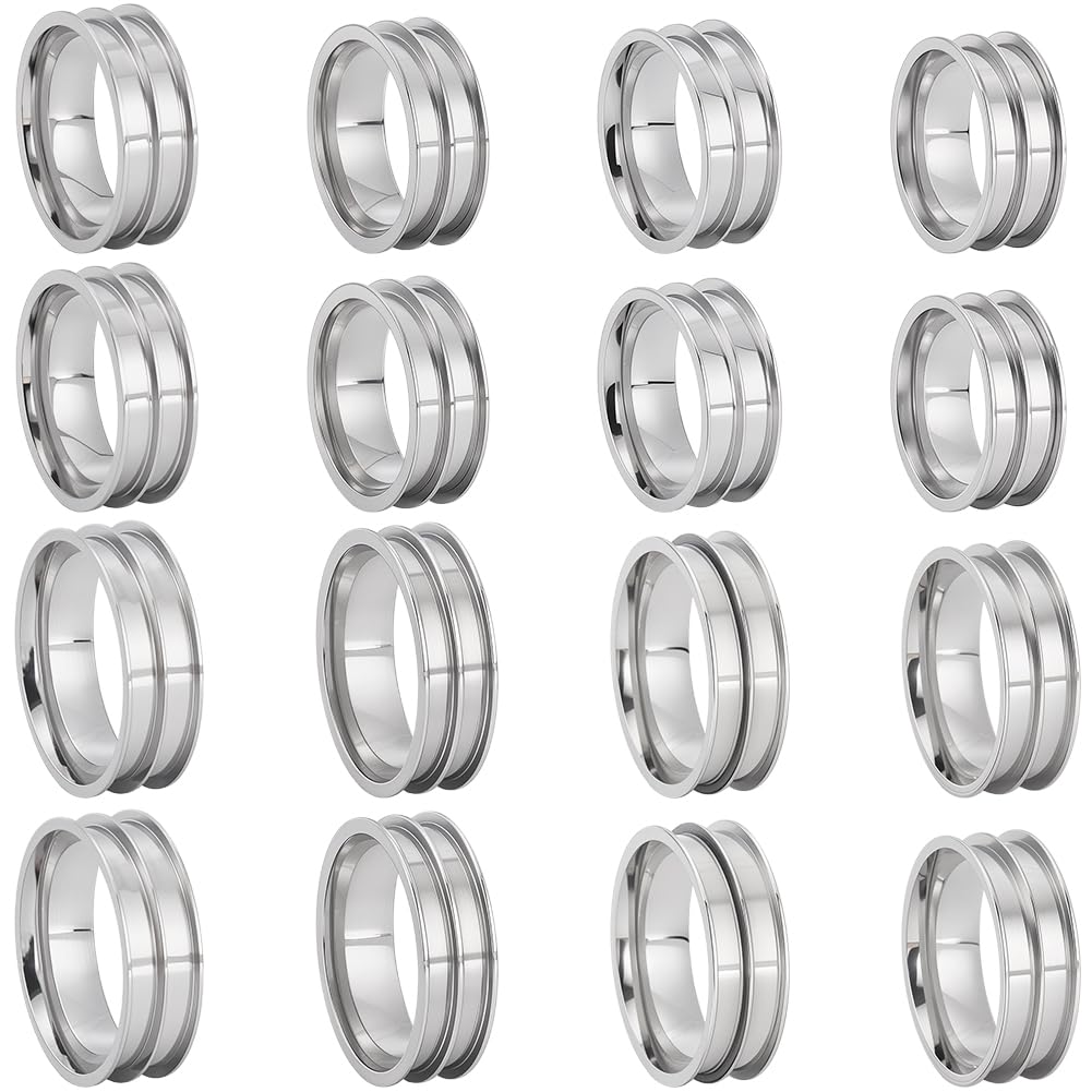 SUNNYCLUE 1 Box 16Pcs Stainless Steel Grooved Ring Blanks Silver Inlay Ring Blanks Bulk Double Round US Size 6/7/8/9/10/11/12/13 Empty Core Finger Findings for Jewellery Making DIY Craft Supplies Men