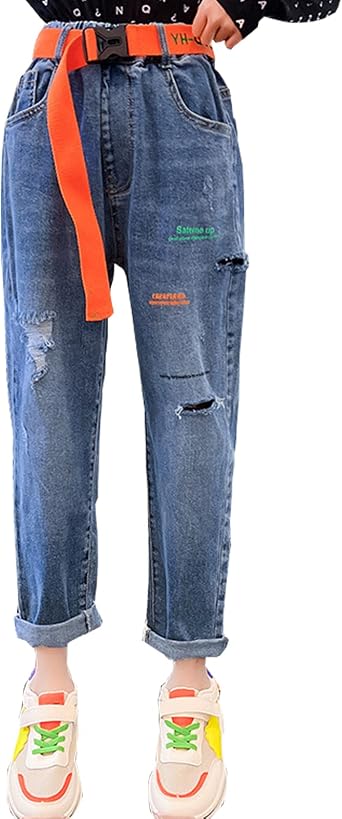 Amazon.com: NABER Pantalones de mezclilla con cintura elástica para niños y  niñas, pantalones de mezclilla rasgados, talla 4-15 años : Ropa, Zapatos y  Joyería