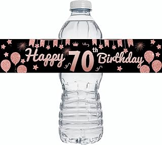 VTOS 48 calcomanías para botellas de agua con globos de oro rosa y negro con texto "Happy 70th Birthday", etiquetas rectangulares envolventes duraderas para decoración de fiestas