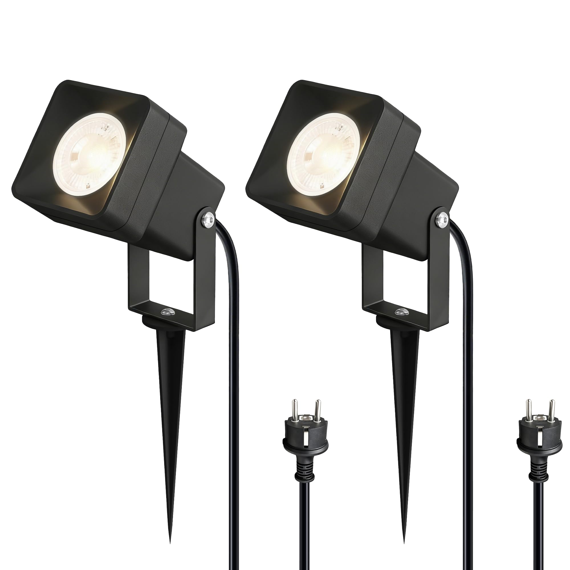 JNR Spot LED Extérieur IP65 étanche, Luminaire de jardin en Aluminium avec ampoule 5W GU10 3000K blanc chaud, câble de 2 m avec prise, éclairage de jardin (2-Noir)