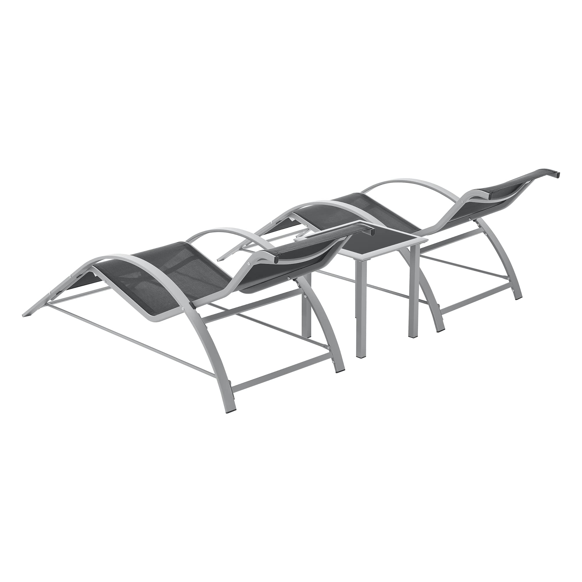 [en.casa] Juego de Muebles de Jardín Binetto Set de 2 Tumbonas con 1 Mesa Exterior Balcón Terraza Piscina Jardín Acero Vidrio - Gris Negro