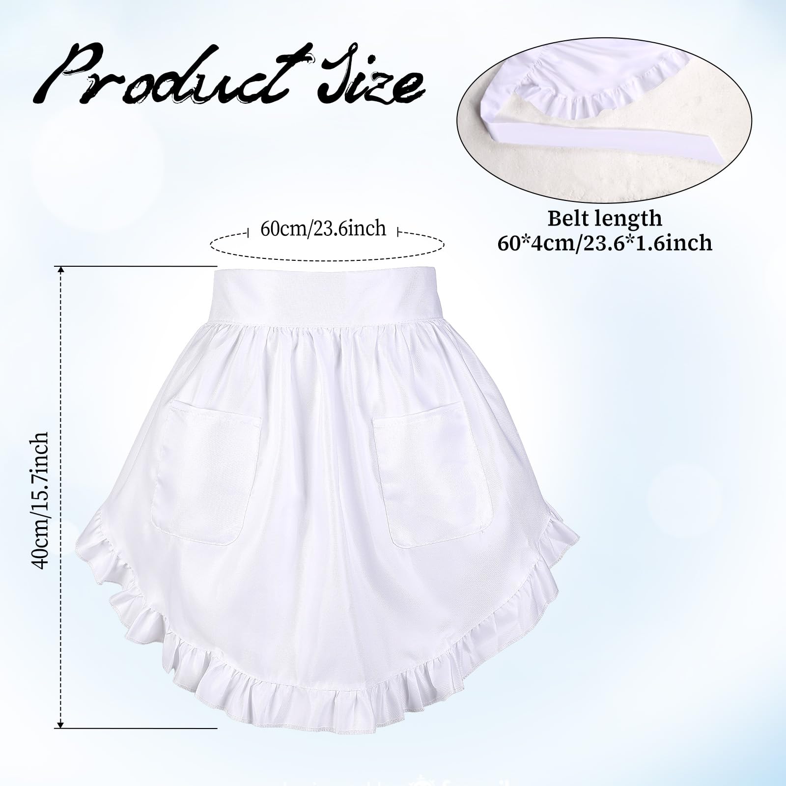 Lusofie Waist Apron with 2 Pockets,White Apron Half Waitress Aprons Adult Frilly Maid Aprons - Image 2