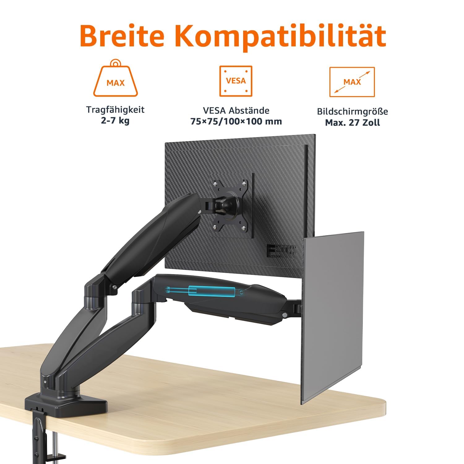 Amazon Basics Dual-Monitorarm mit Gasdruckfeder, Schreibtischmontage, Einstellbare Spannung, für 15–27 Zoll (38,1cm–68,6cm) Monitore, Trägt 2,0kg–7,0 kg pro Arm, VESA 75x75/100x100, Schwarz