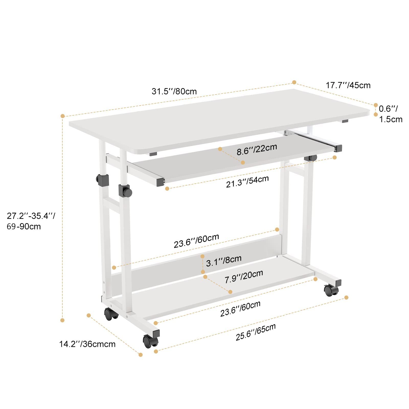 Dripex Schreibtisch höhenverstellbar, Computertisch mit Rollen, Schreibtisch klein auf Rollen, platzsparender Laptoptisch mit Tastaturauszug und Regal, PC Tisch klein für Home Office, Weiß