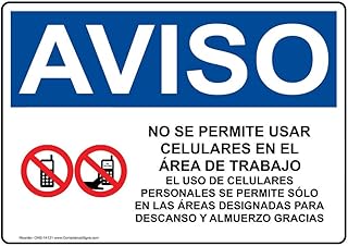 ComplianceSigns.com NOTICE Cell Phone Use In Designated Area Spanish OSHA Safety Sign, 10x7 in. Plastic for Cell Phones