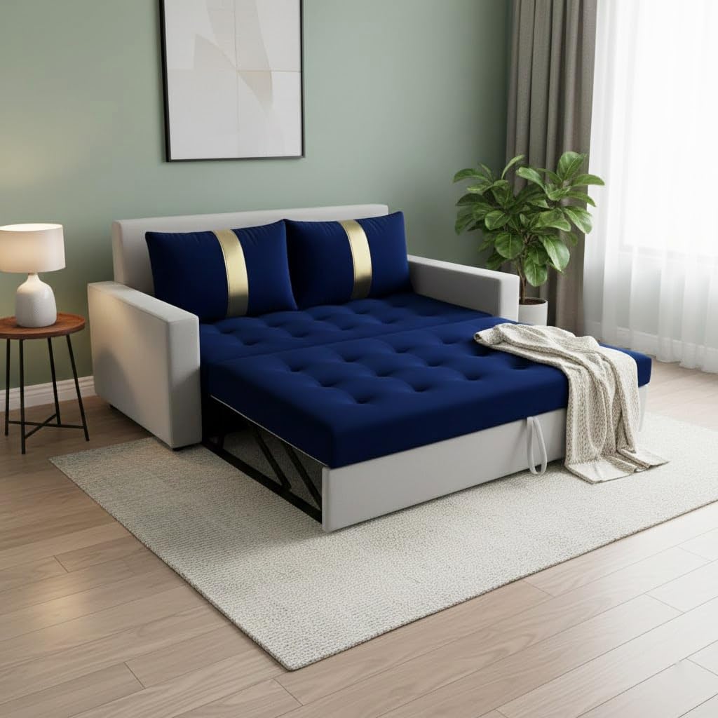 FURNY Tressa 2 Seater Fabric Pull-Out Sofa Cum Bed (Light Grey-Dark Blue) Premium Velvet Finish | Durable Comfort | Ideal for Living Room