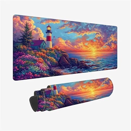 Tapis de Souris Phare, sous Main Bureau Coucher Soleil Tapis Souris XXL 1000x500x3mm Grand Mouse Pad avec Base en Caoutchouc Antidérapante Étanche, Gaming Mouse Pad pour Accessoire Bureau Deco Y2-835