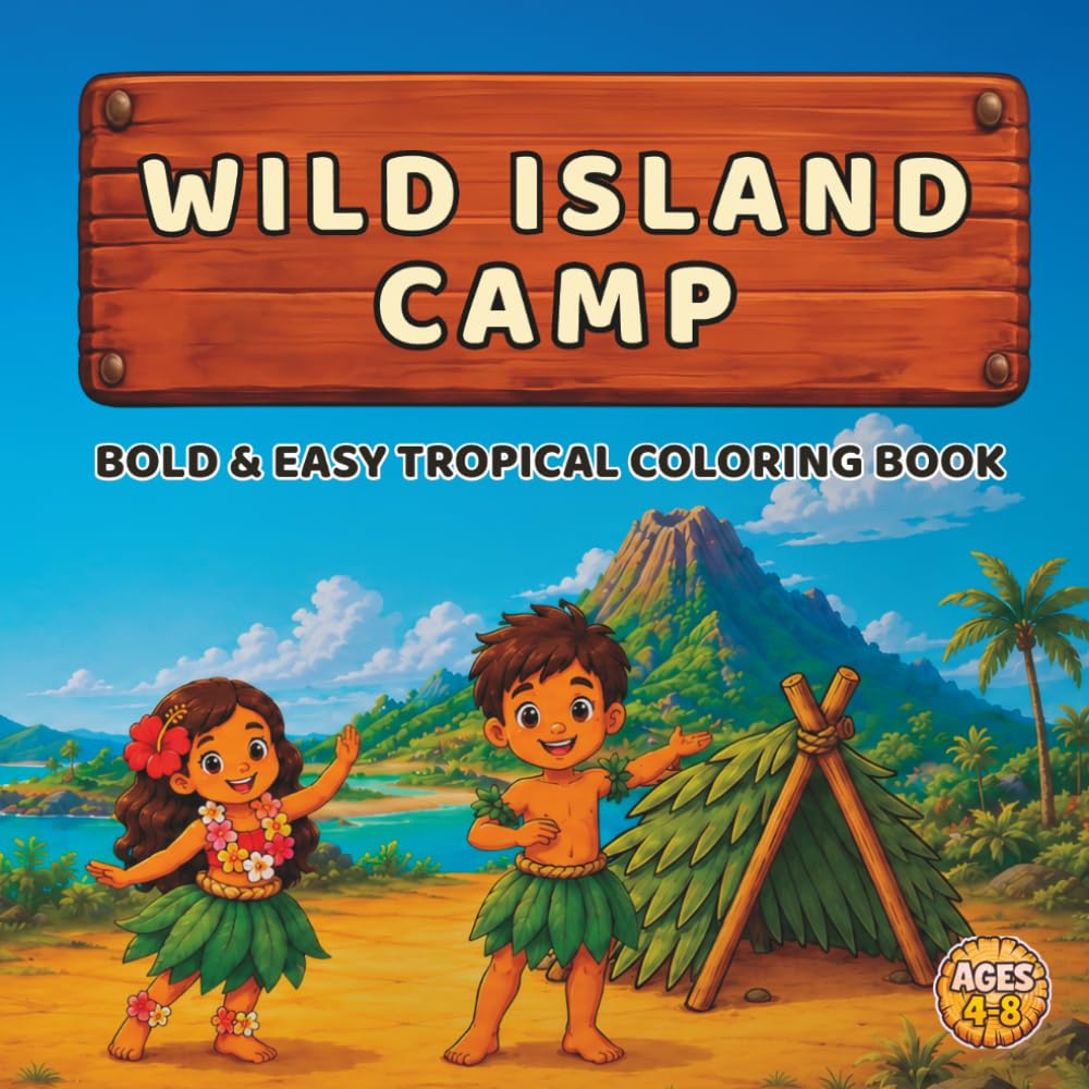 WILD ISLAND CAMP: Bold and Easy Coloring Book for Kids Ages 4-8, 40 Big Coloring Pages, Island Animals, Camping Fun, Nature Adventures (Camp Series: Post-Stamp Coloring Books)