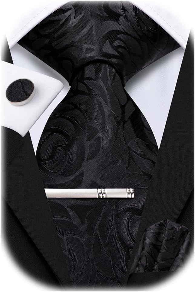 Hi-Tie Silk Black Men's Tie and Pocket Square Cufflinks Clip Pin Set 4 PCS Ties for Men Necktie for Wedding Business