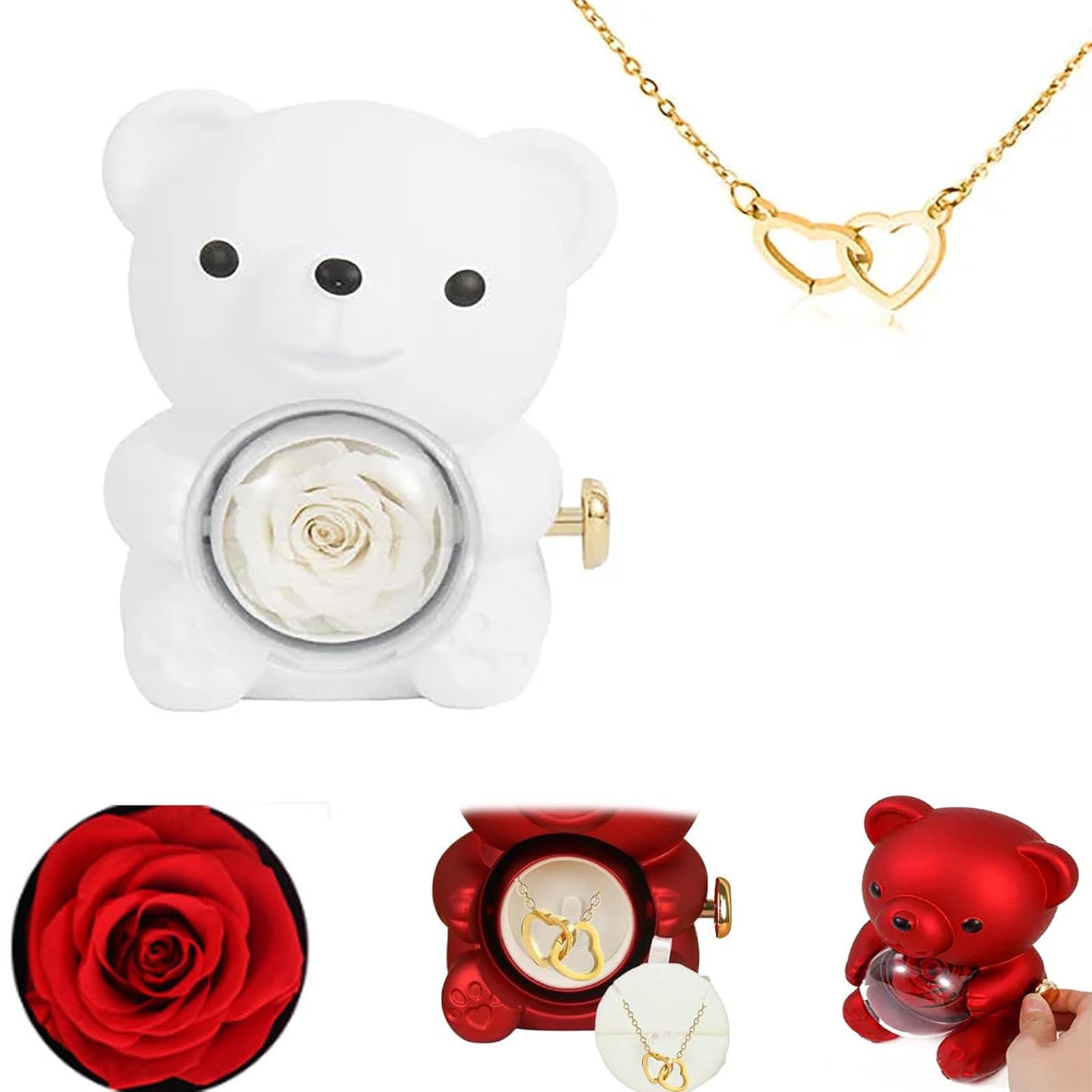 Engraved Heart Necklace - With Real Rose Bear Giftbox, Preserved Rose Gifts Set, Eternal Rose Flowers Flip Bear Jewelry Box, Preserved Rose Hug Bear Gifts for Women (white)
