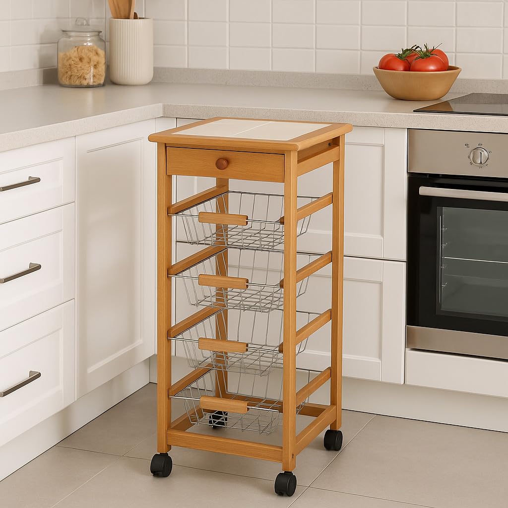 Meyvaser Carrello da cucina in legno, Carrello da cucina con ruote salvaspazio, 1 cassetto e 4 vassoi in metallo 85x37x37 Cm Colore Miele