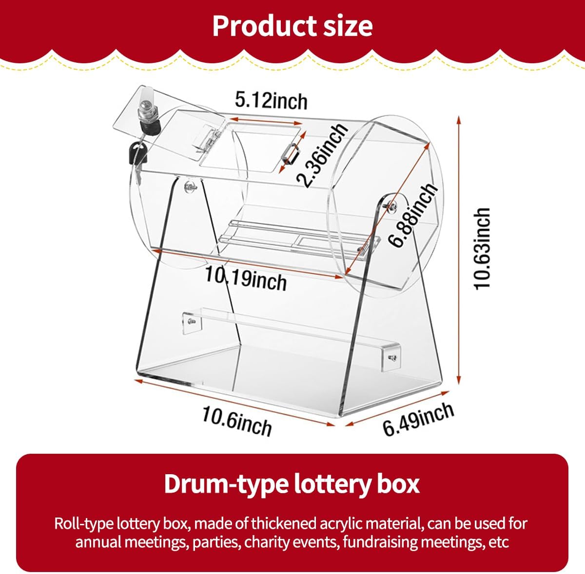 Raffle Drum with Handle Acrylic Clear Raffle Ticket Spinner with 2 Keys for Bingo, Lottery, Tombola para Rifas