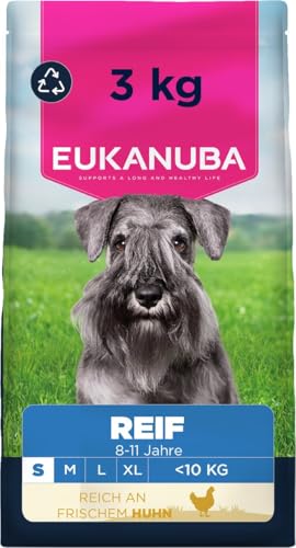 Eukanuba Hundefutter Trocken mit frischem Huhn für kleine Rassen, Premium Trockenfutter für reife Hunde, 3 kg
