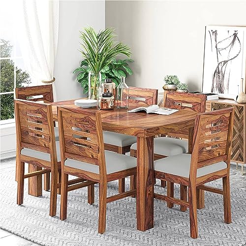Image of Dining Table with Chair Set || Dining Room Furniture || Dining Table Set || Sheesham Wood Dining Table 6 Seater Set || Wooden 6 Seater Dining Table Set || Home Furniture Dining Table || Honey Finish