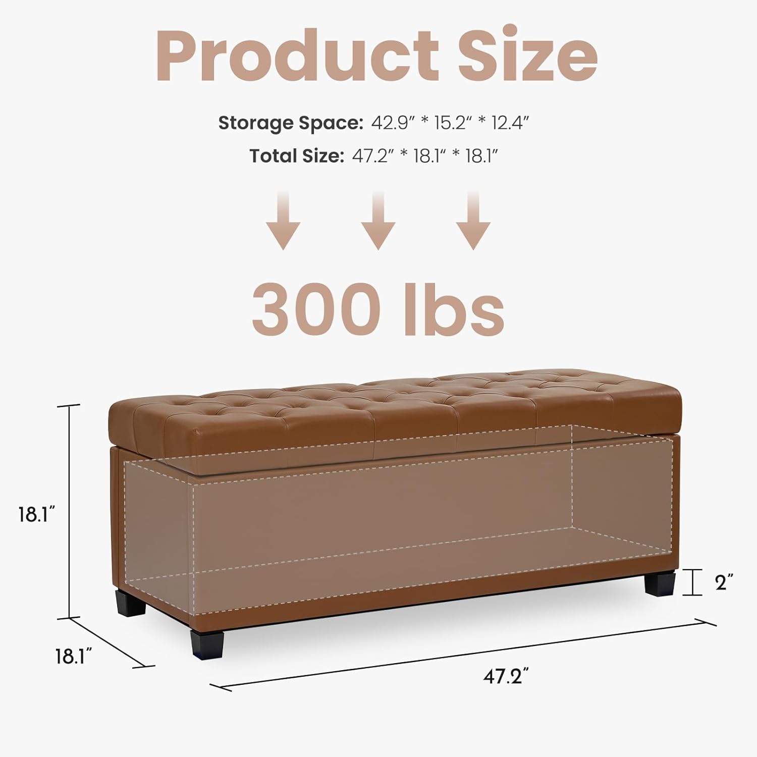 47.2" Ottoman with Storage, Storage Ottoman Bench with Safety Hinge,Tufted End of Bed Bench, Upholstered Entryway Bench for Bedroom, Living Room & Window (Brown-Upgraded Version) - Image 2
