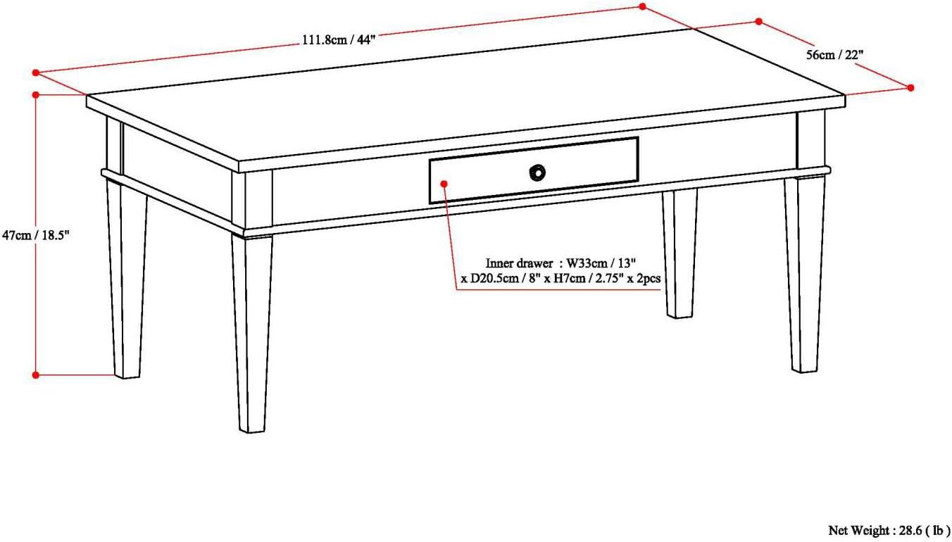 SIMPLIHOME Carlton Coffee Table - 44 inch Wide Solid Wood Transitional Cocktail Table in Dark Tobacco Brown, Classic Living Room Table with Open Storage Shelf and Clean-Lined Tapered Leg Design