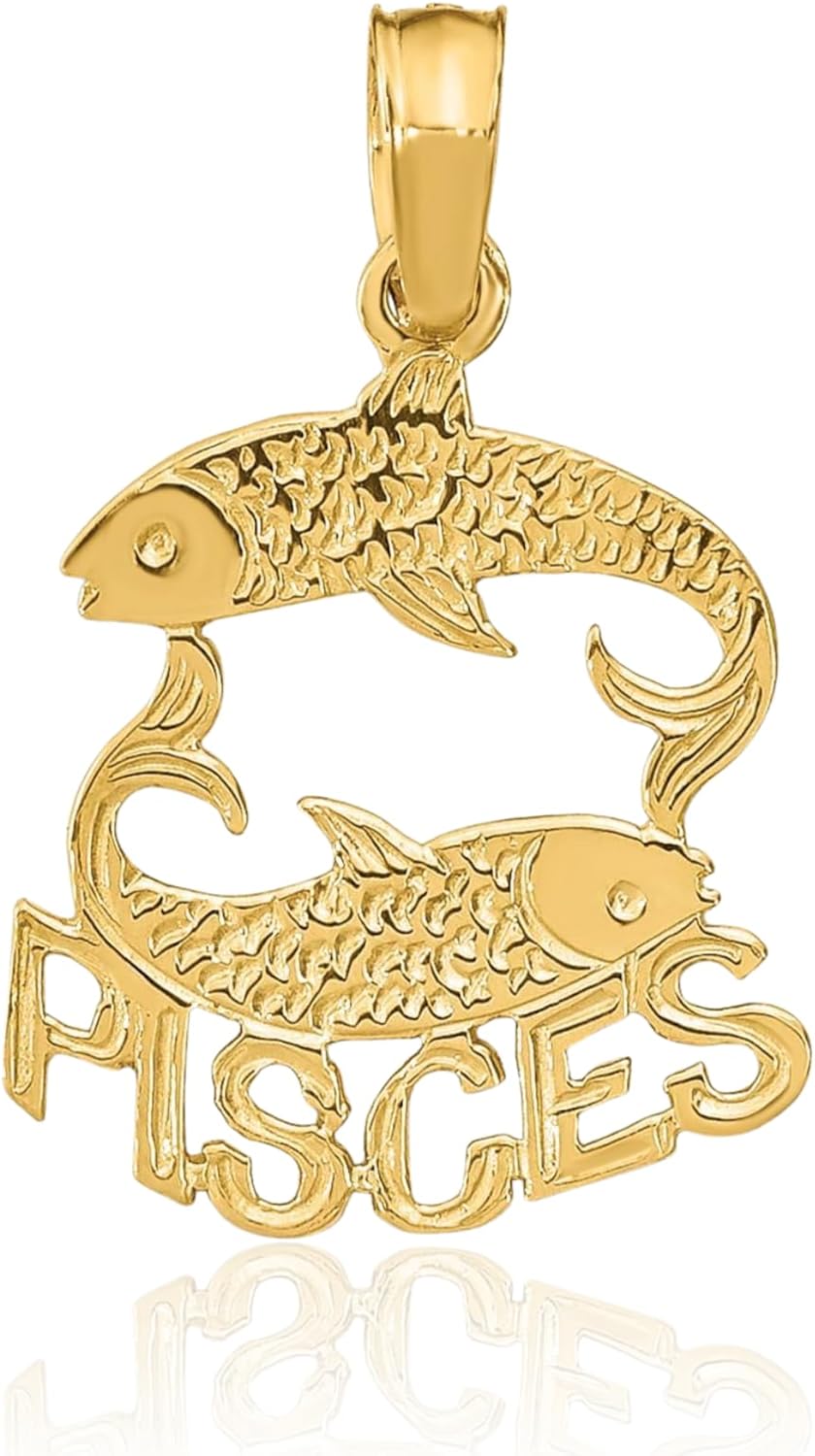 IceCarats 10K Solid Yellow Gold Medium Pisces Zodiac Pendant Necklace 19.3mm 3/4 inch Polished, Textured For Her