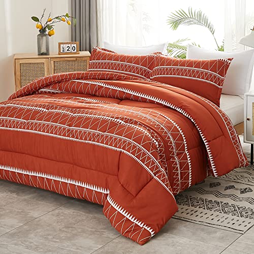 Litanika Terracotta Boho Comforter Full(79X90Lnch), 3 Pieces(1 Bohemian Comforter And 2 Pillowcases) Geometric Triangle Comforter, Soft Microfiber Down Alternative Bedding Set #TOP5