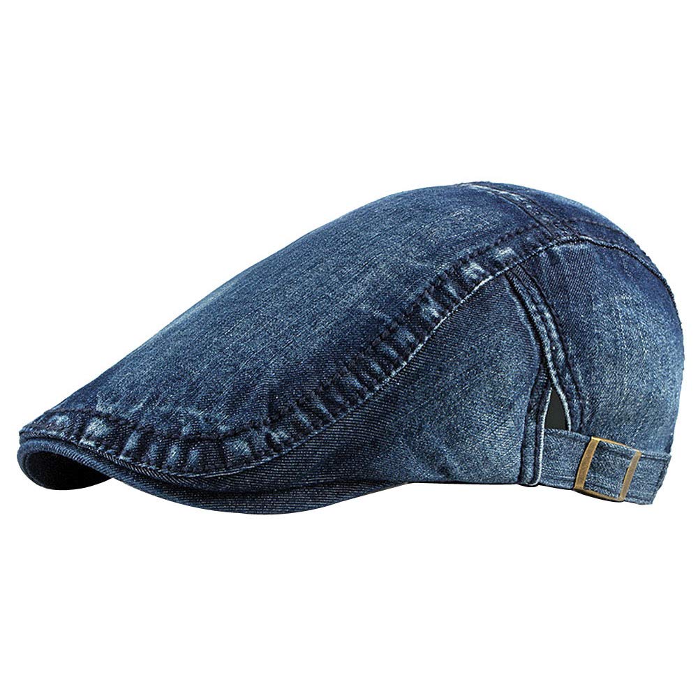 Kangqifen Mens Denim Flat Cap Cotton Gatsby Ivy Irish Hunting Newsboy Hat Adjustable Navy Blue