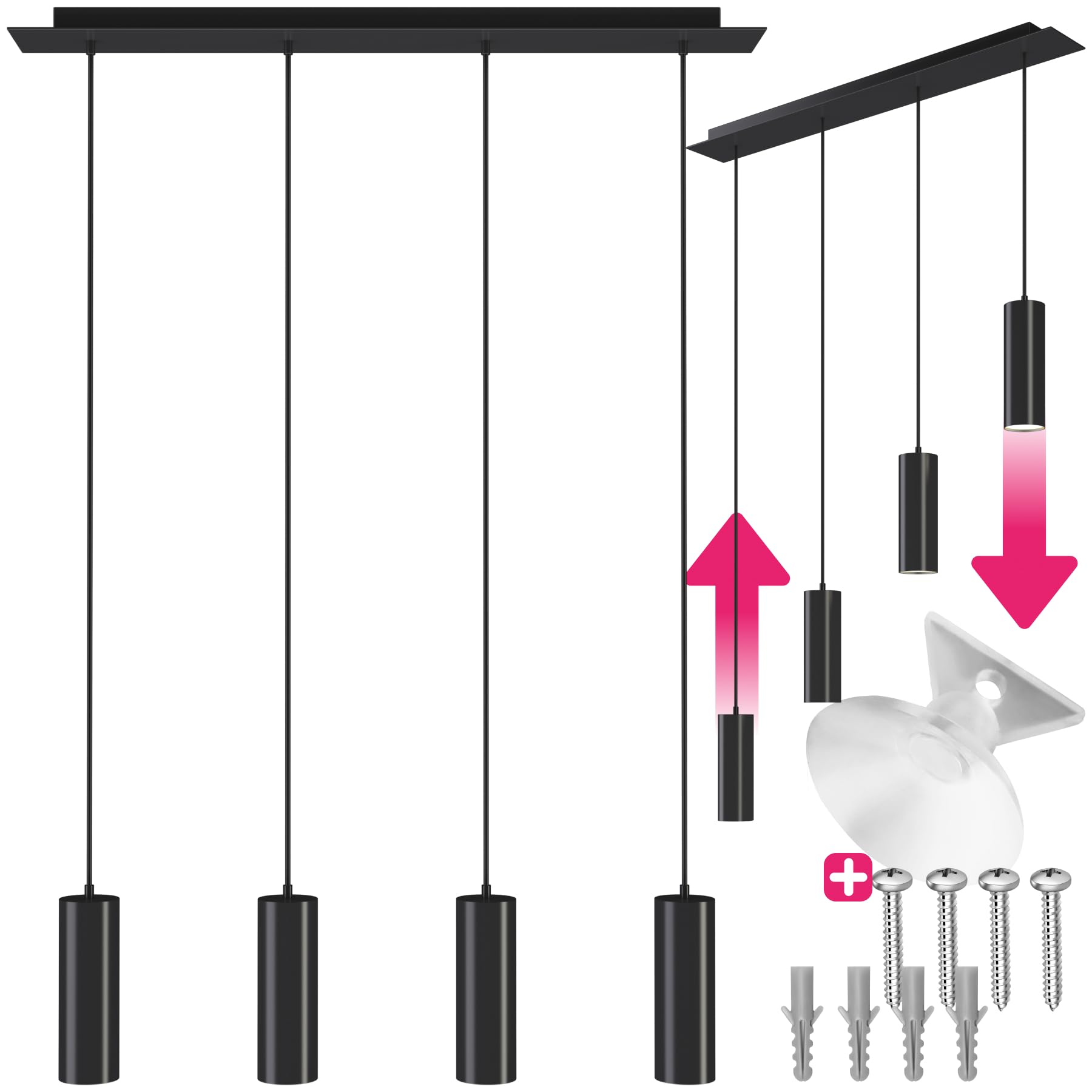 TecTake® lámpara de techo colgante moderna estilo industrial, 4 luces GU10, 40 W, lampara salon, instalación fácil con ventosa, altura ajustable, lampara techo dormitorio - Negro