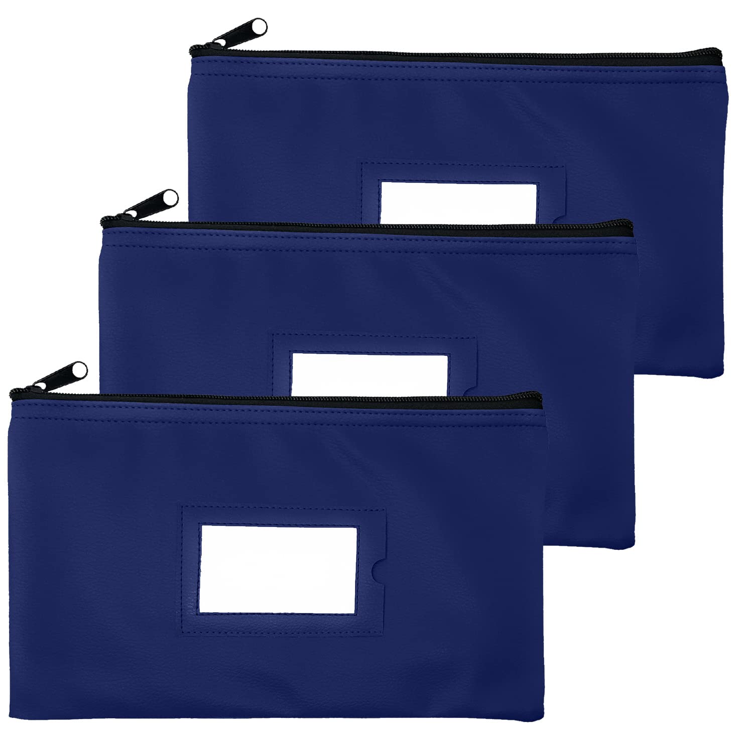 Money Bank Deposit Bag with Zipper | 11x6 inch | Navy Blue | Durable Leatherette Money Cash Coin Check Wallet Pouch for Men & Women with Framed ID Window and Blank Card | (1)