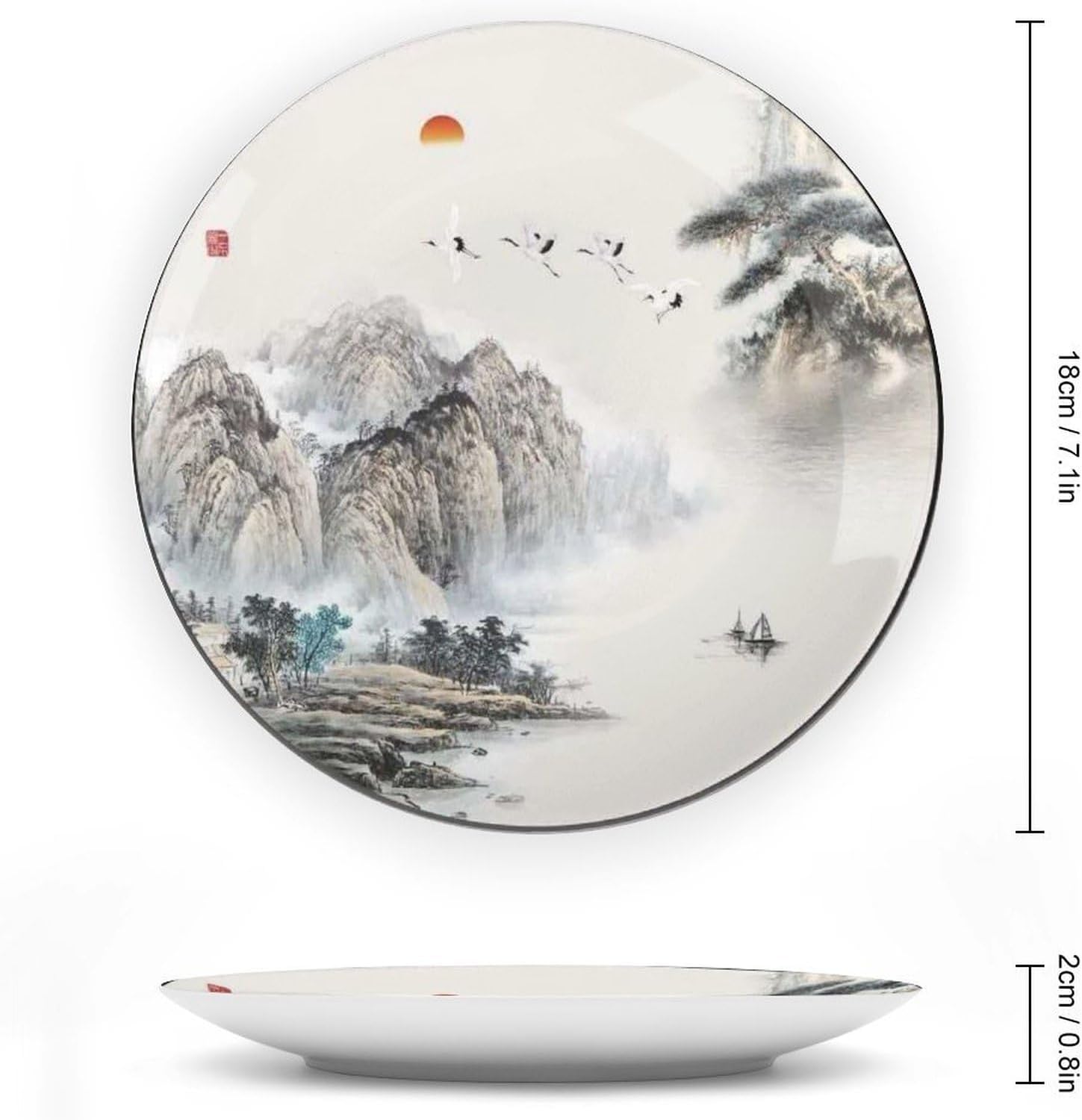 Elegant Oriental Mountain Crane Bone China Plate, Traditional Landscape Art Bone China Serving Plate for Special Occasion & Home Ornament, 7inch Wall Art Home Decor