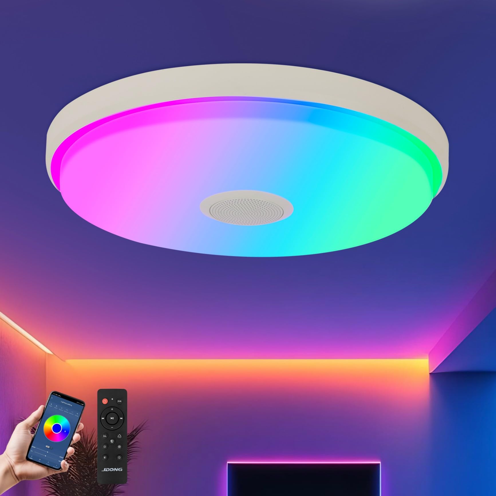 JDONG Lámpara LED de Techo Regulable con Altavoz Bluetooth, Mando a Distancia, 36W RGB Cambio de Color para Baño, Domitorios Juveniles, Salón, Lámpara de Techo Impermeable