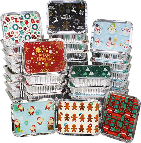 40 Pieces Christmas Foil Containers with Lid, 8 Holiday Designs, 7 x5.5 x2 , Christmas Small Gift Bags Santa Sacks,