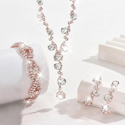 Miniatura 8 de Unicra - Juego de joyas de boda para novia con diamantes de imitación, collar para novia, pulsera, aretes, joyería de graduación para mujer y novias
