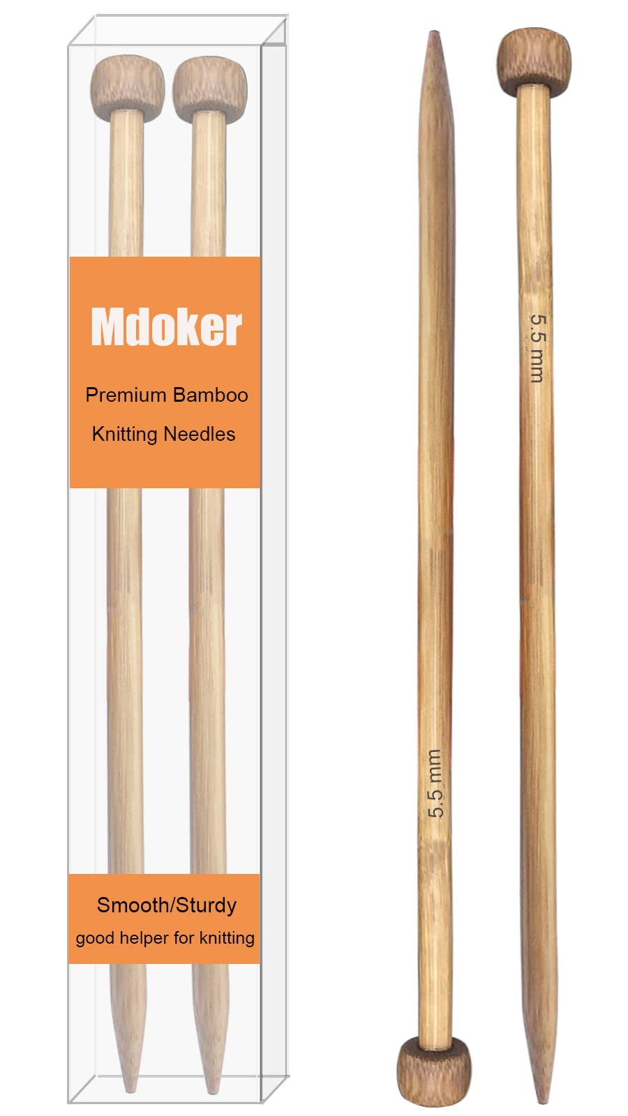 Mdoker Agujas de tejer de bambú rectas para tejer de punto de una sola punta de 35 cm de longitud para proyectos de punto hechos a mano, talla US 9 (5.5 mm)