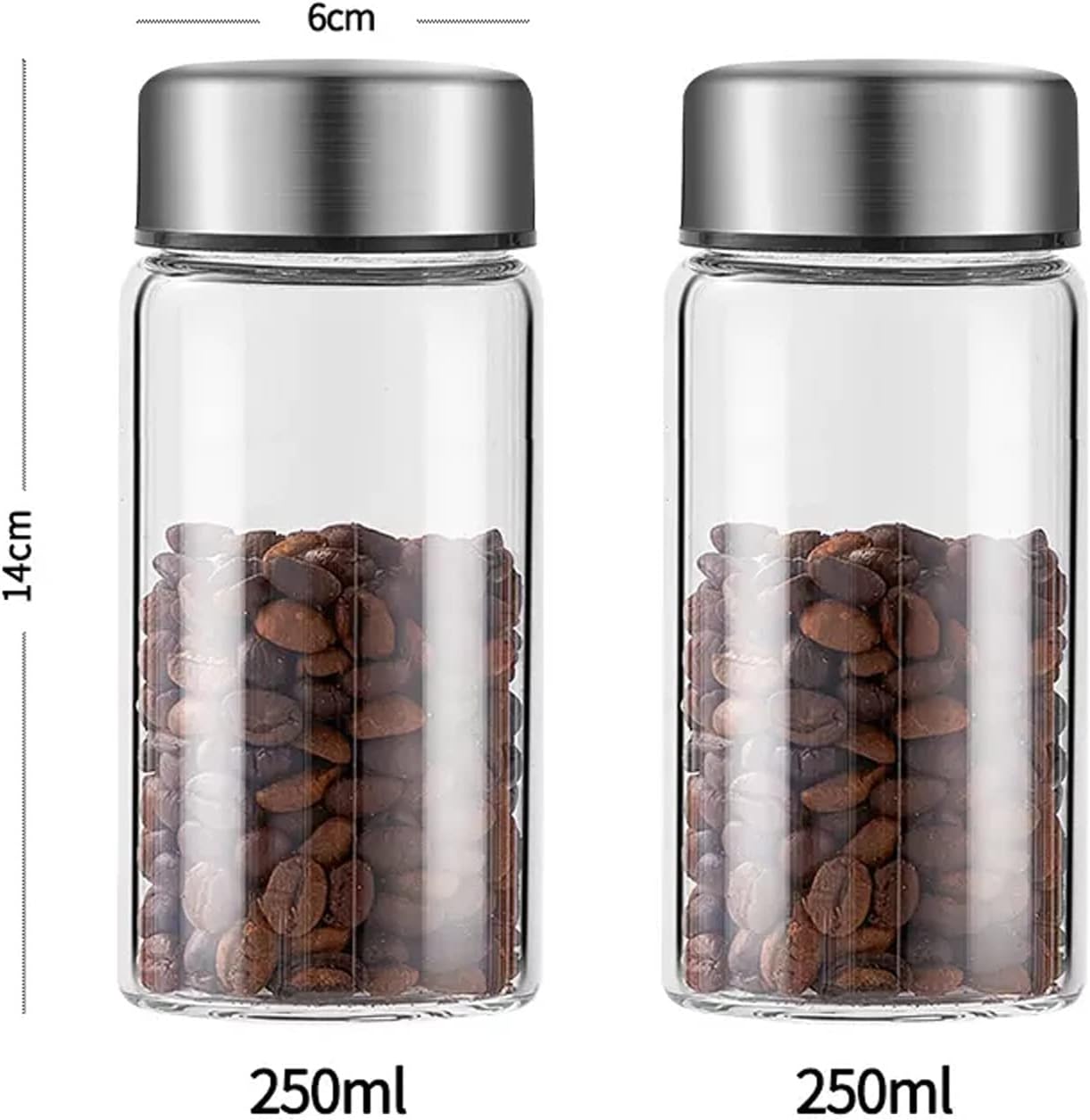 Tea Tin 2Pcs Glass Tea Storage Containers Coffee, Kitchen Serving Food Canister with Sealed Metal Lid, Clear Jar for Leaves, Powder, Spice Container(250ML)