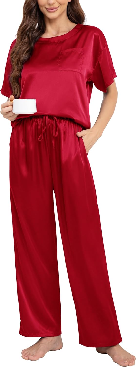 Nanxson Womens Satin Pajama Nightwear 2 Piece Loungewear with Pockets Soft Sleepwear Silky Short Sleeve Shirt with Long Pant