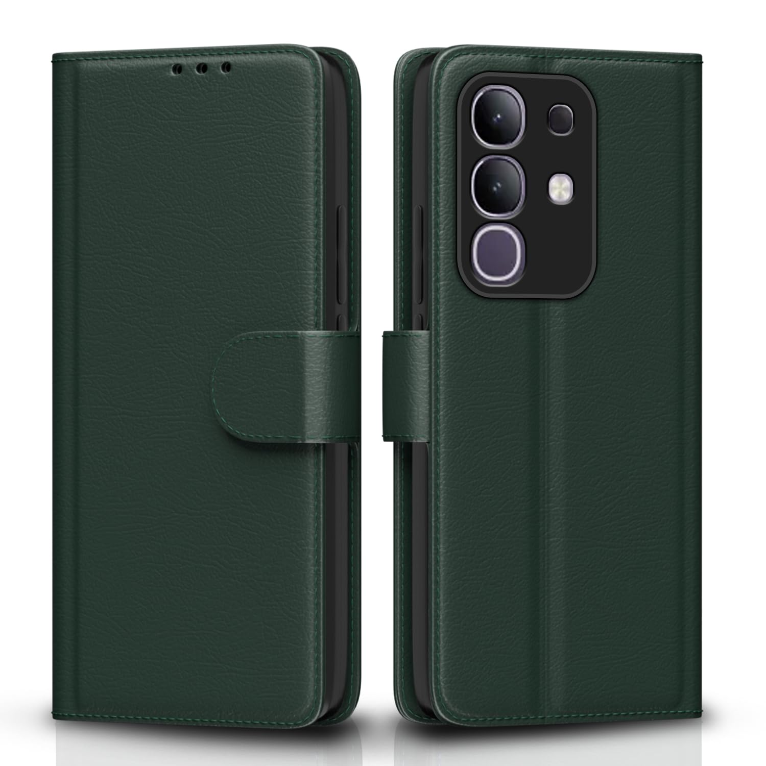 Amazon Basics Flip Cover for Vivo T4x 5G / iQoo Z10x 5G Leather Finish | Wallet Stand and Shock Proof | Inside TPU with Card Pockets | Complete Protection Flip Case(Green)
