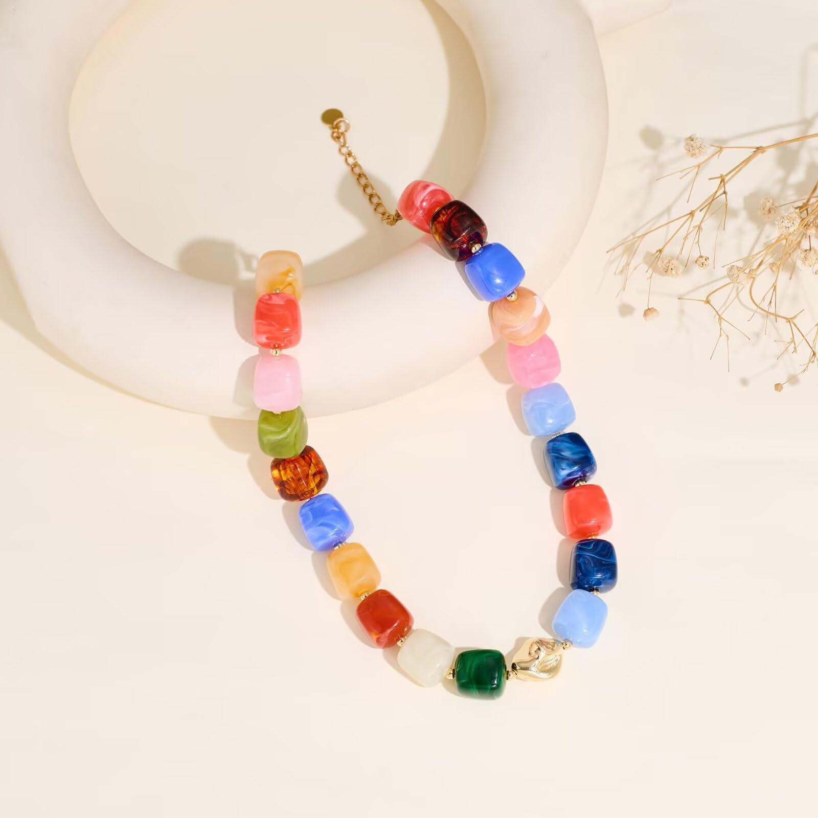 Colorful Chunky Necklaces for Women Multicolored Large Square Acrylic Beads Necklace Trendy Bold Statement Beaded Necklace Summer Vacation Choker Jewelry — view 3