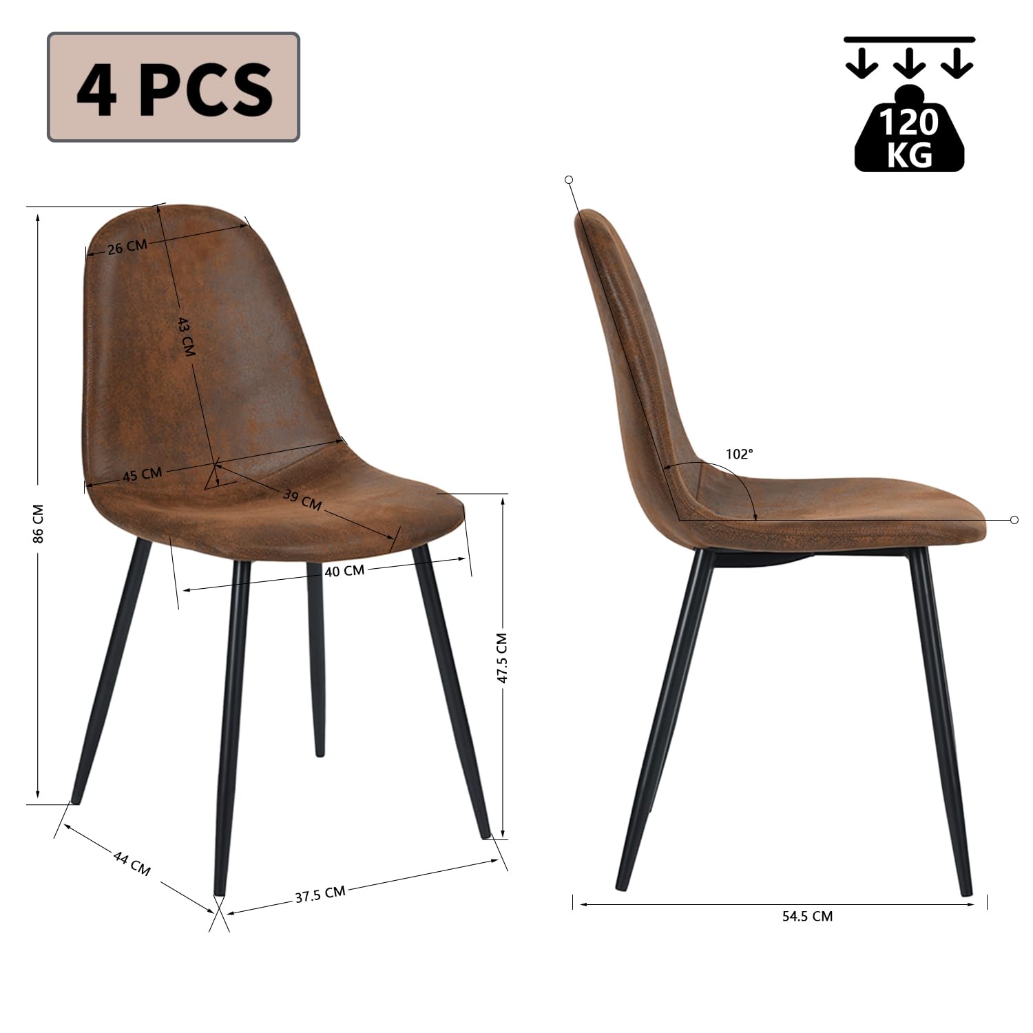 Set di 4 sedie da salotto in camoscio marrone con seduta imbottita per il tempo libero a casa, sedie scandinave, con schienale comodo e gambe in metallo nero per il relax casa