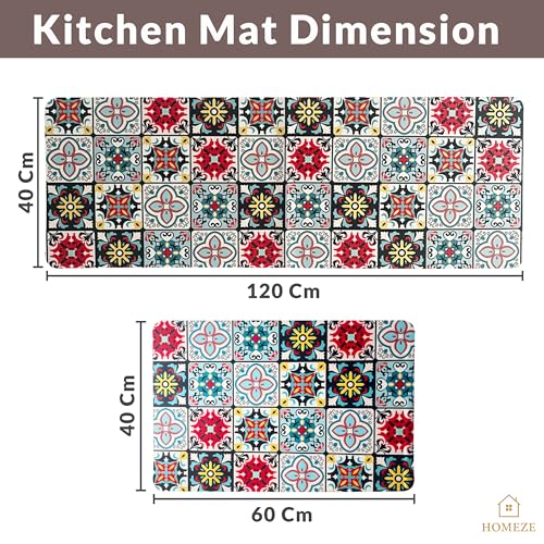 Image of HOMEZE Kitchen Mats for Floor Set of 2 | Non-Slip, Soft Absorbent Rugs with Rubber Backing | Washable Cushioned Anti-Fatigue Mats for Kitchen, Sink & Laundry (40x120 cm + 40x60 cm, Multi-Color)