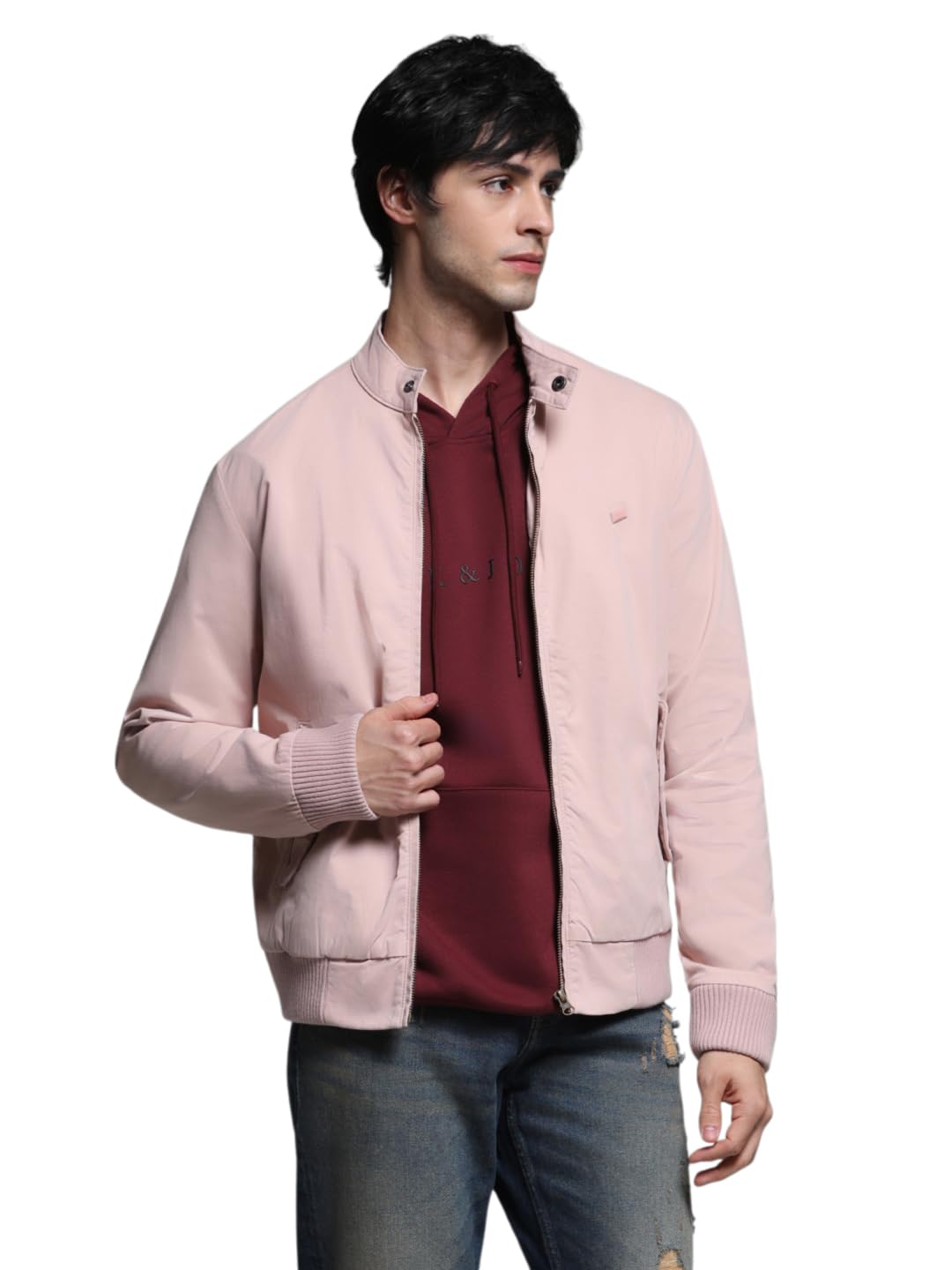 Jack & Jones Men's Mock Collar Solid Cotton Casual Bomber Jacket, Standard Length in neutral