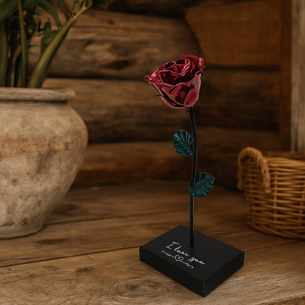 Forging Art Bcn® Rosa Eterna in Ferro Forgiato a Mano con Piedistallo - Edizione I Love You- Regalo Festa della mamma, San Valentino, 6° anniversario di matrimonio, Nozze di Ferro (LOVE con Base)
