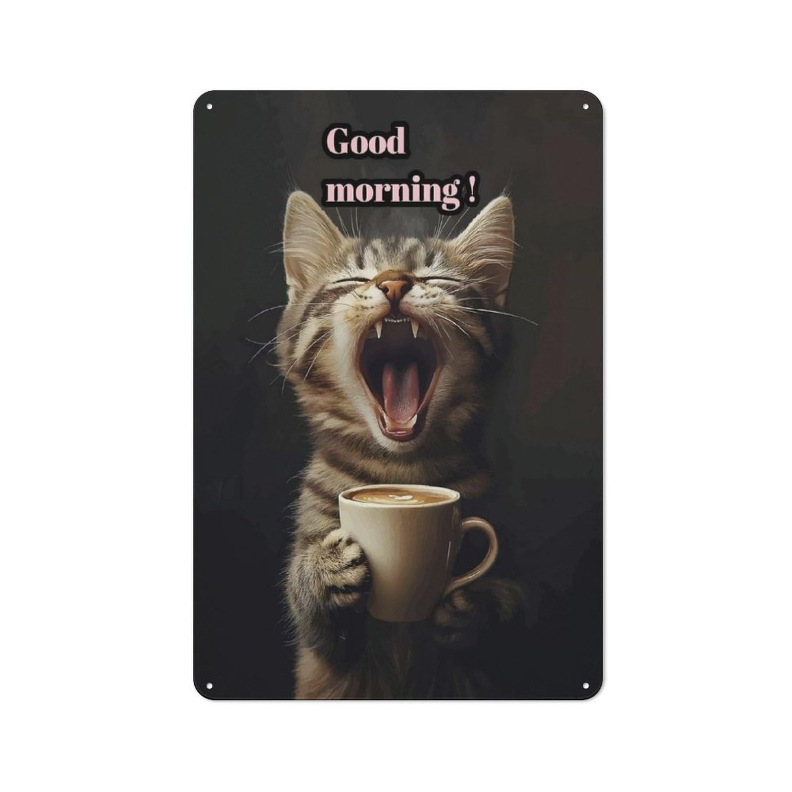 Junmoney Style-13 Good Morning Cat With Coffee Decorative Tin Plaque 30X20cm, Decorative Novelty Wall Art For Hallway, Home Bar, Garage Or Study
