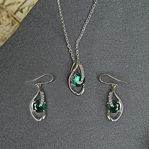 Image of CLARA 925 Sterling Silver Dark Green Eye Pendant Earring Chain Jewellery Set | Rhodium Plated, Swiss Zirconia | Gift for Women & Girls