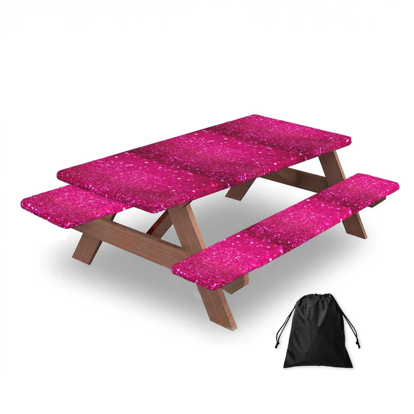 Pink Glitter, Picnic Table Cover With Bench Covers -Waterproof Elastic Fitted Tablecloth for Garden Camping Patio 76x152cm