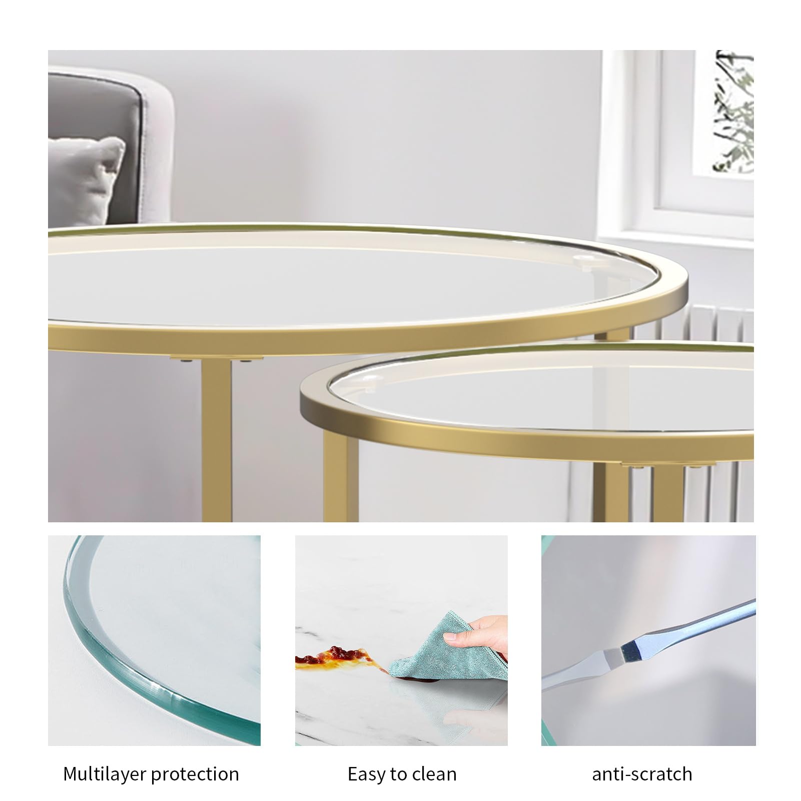 JCWH Gold Nesting Side Table S/2, Round Glass Stacking Coffee Drink End