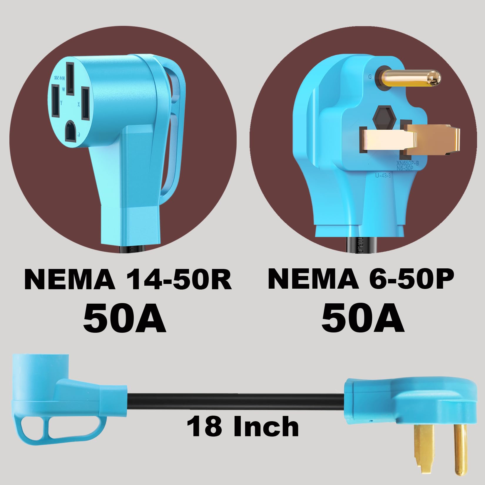 CircleCord NEMA 6-50P do 14-50R EV Kabel adaptera do ładowania EV poziom 2, 180 stopni wygięta konstrukcja z uchwytem do uchwytu, odporny kaliber 6