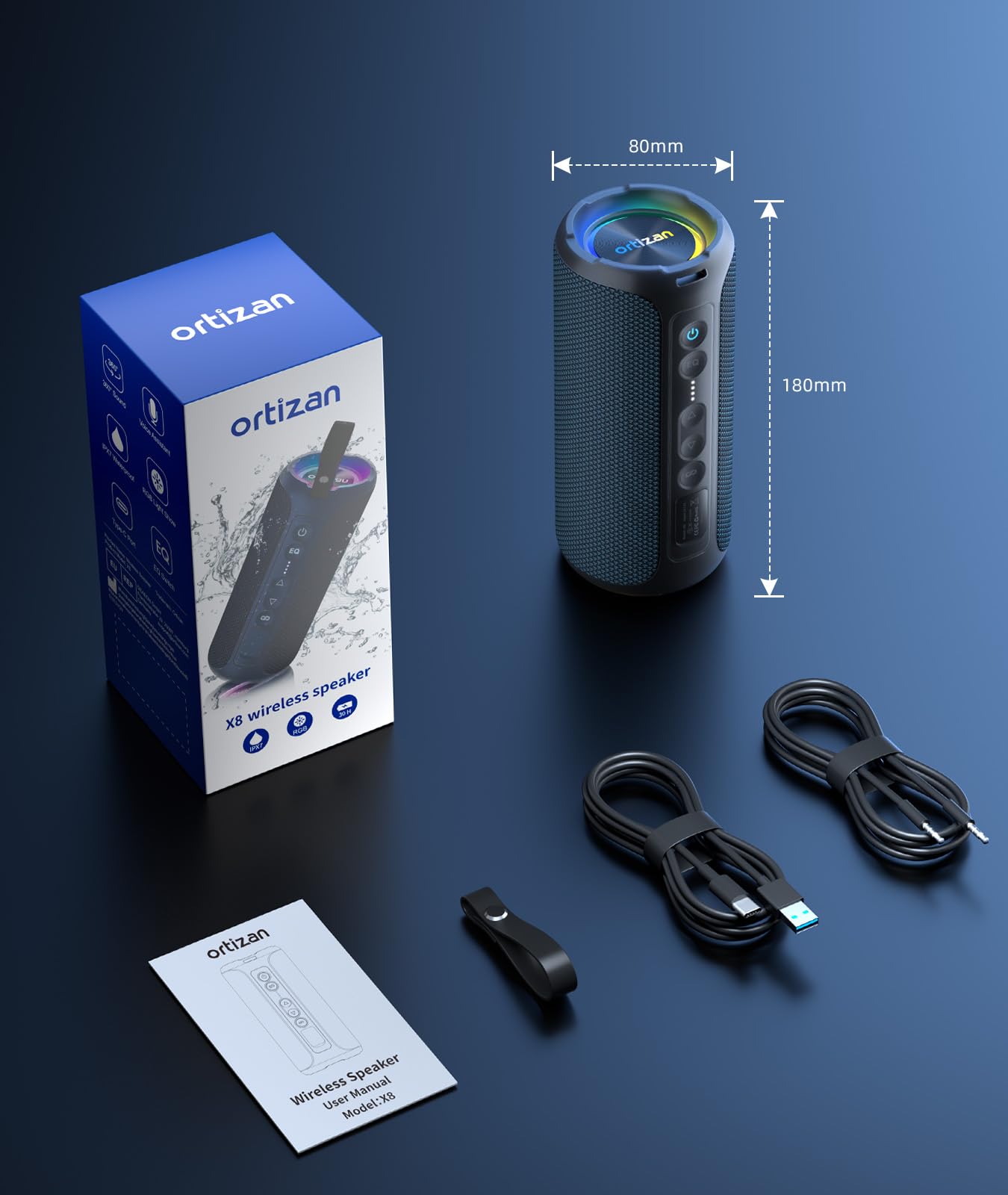 Ortizan 40W Altavoz Bluetooth Potente, 30h De Autonomía, Coluna Bluetooth Portátil, Luces LED, Estéreo, Resistencia al Agua IPX7, Graves Profundos, Compatible con Tarjeta TF y Entrada AUX