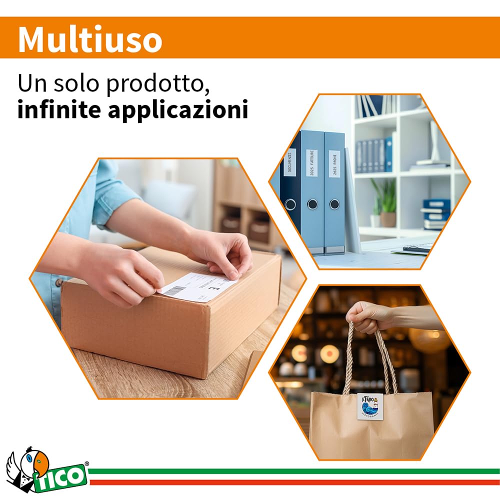 Tico Italia LP4W-7037 Etichette adesive bianche multiuso, 100 fogli A4, rettangolari 70x37mm, 24 etichette per foglio, adesivo permanente, stampanti laser e inkjet