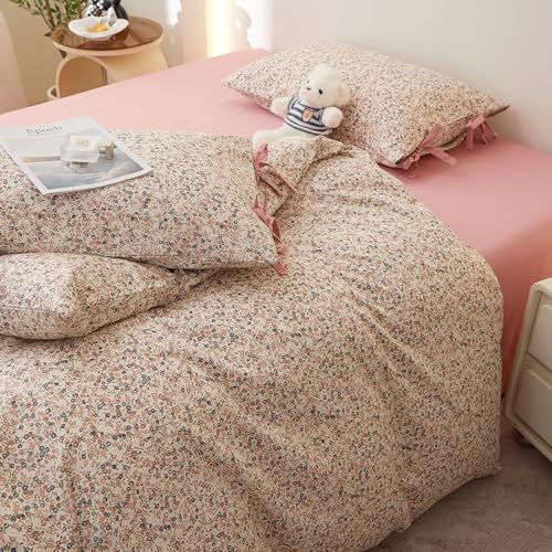 Image of Pink Floral Comforter Set King, Aesthetic Botanical Flowers Comforter with 2 Bow Ties Pillowcases, Lightweight Cute Girls Floral Bedding Comforter Vintage Cottagecore Comforter Set for All Season