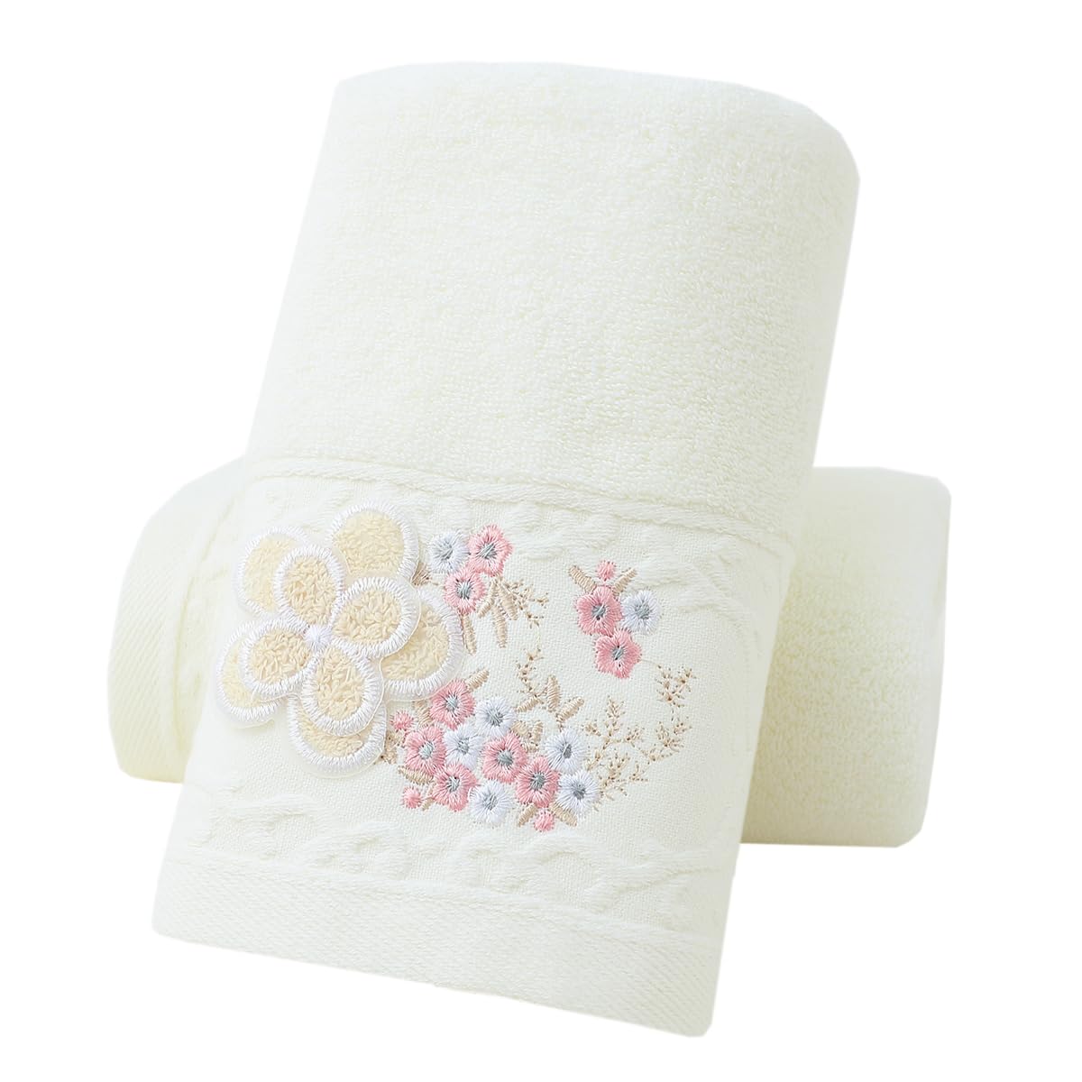 Pidada Hand Towels Set of 2 Embroidered Floral Pattern 100% Cotton Absorbent Soft Decorative Towel for Bathroom (Ivory)