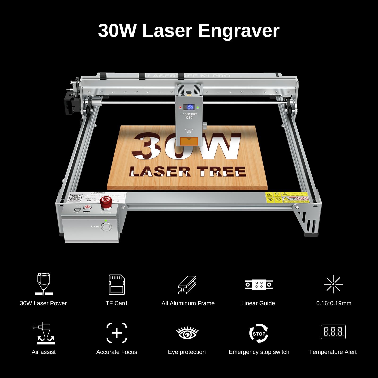 LASER TREE Laser Engraver, 30000mW?30W?Output Power Laser Engraver Machine, High Precision Laser Cutter and Engraver for Wood & Metal Paper Acrylic Glass Leather etc, Class 4 (Basic)