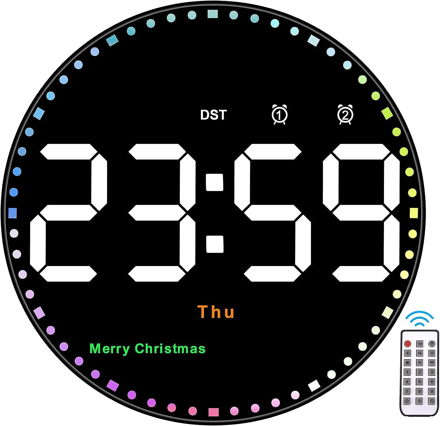 LED Digital Wall Clock, 10" Large Display Color Adjustable Brightness Digital Clock LED Clock with Remote Control Dimming Clock with Date Display, 12/24 Hour Temperature for Living Room Bedroom Office